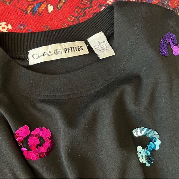 CHAUS PETITES Vintage Black Sequin Number Knit Top Teacher Small - Picture 8 of 8